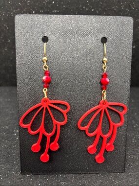 Crimson Bellflower Earrings Red Floral Dangle Earrings with Ruby Crystal Beads